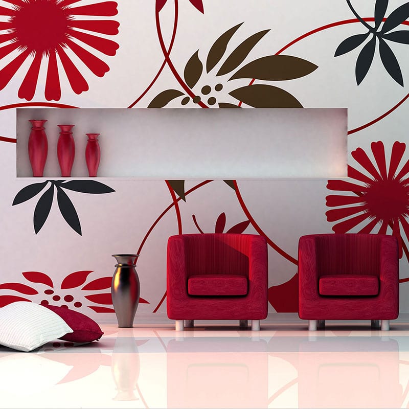 Red and brown floral wall banner with red chairs