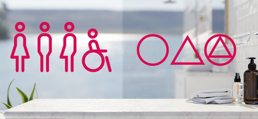 ADA compliant public restroom signage such as unisex, all-gender restroom signs with or without braille. California AB 1732 (Equal Restroom Access Act) mandates gender-neutral working or symbols signage for single-user restrooms.